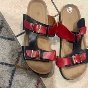 Women’s Two-Strap Red & Black Buckle Sandals